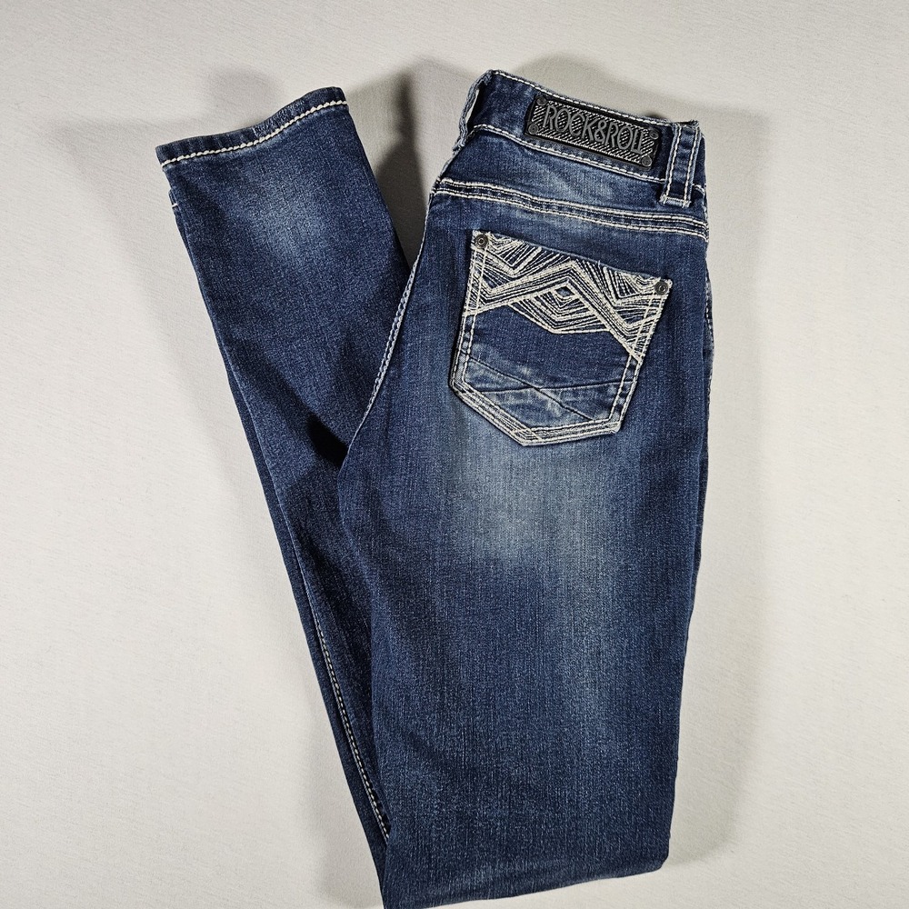 Rock & Roll Jeans Mid Rise Skinny 26x34 Women's Cowgirl Western Embroidered‎